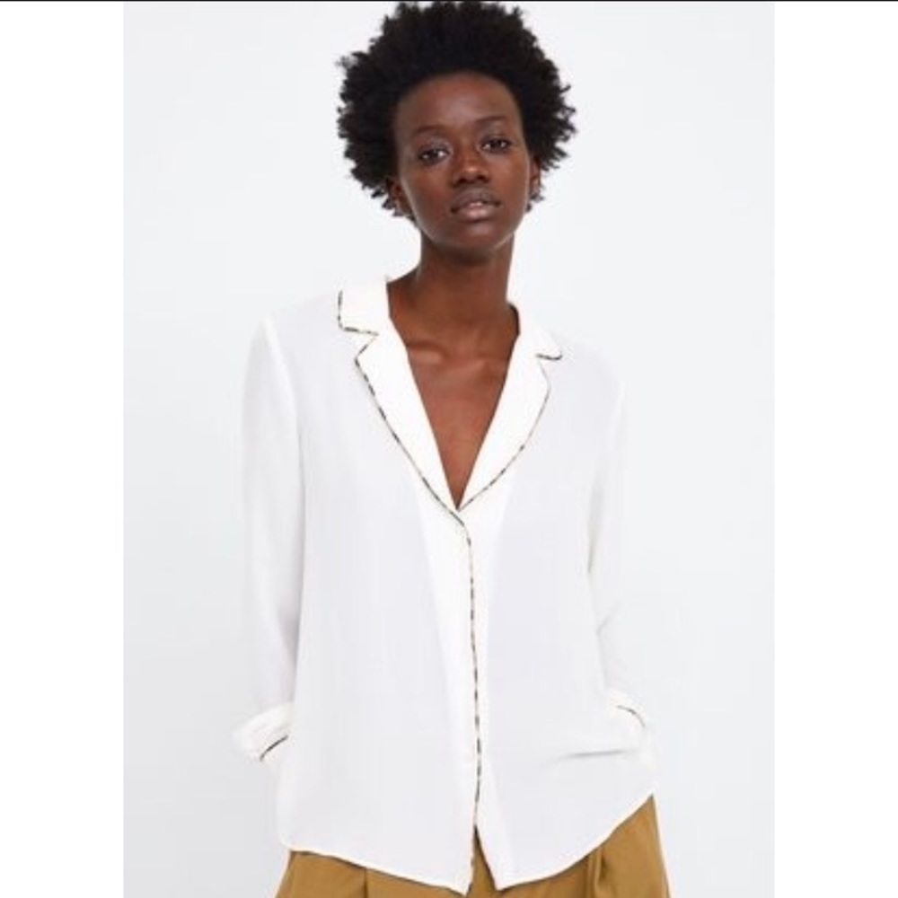 Zara cream button down long sleeve blouse